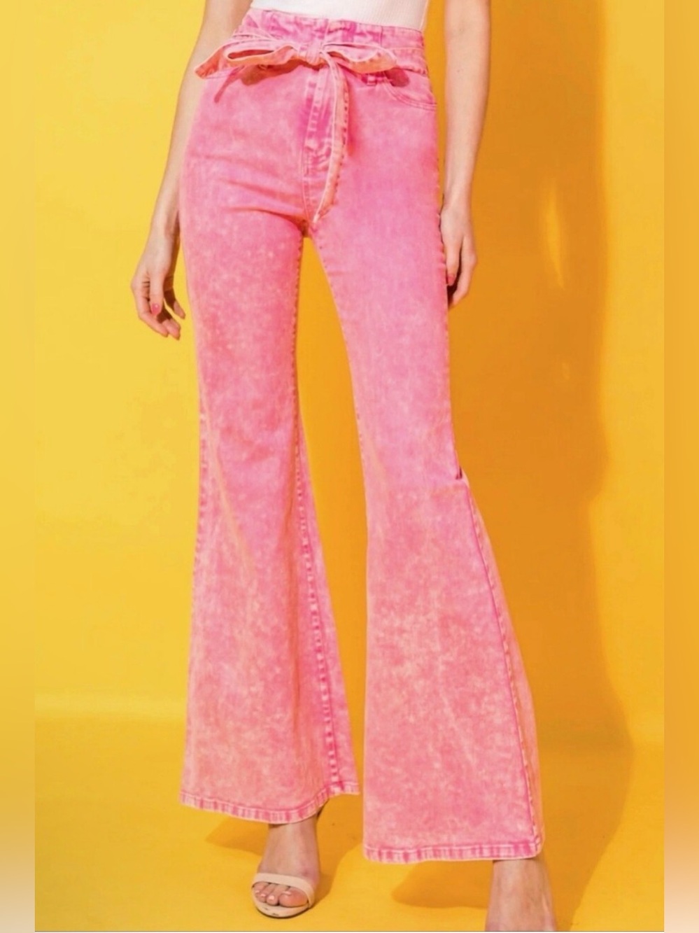 Flying Tomato Fiercely Stunned Pink Flare leg Pants Belted High Rise S